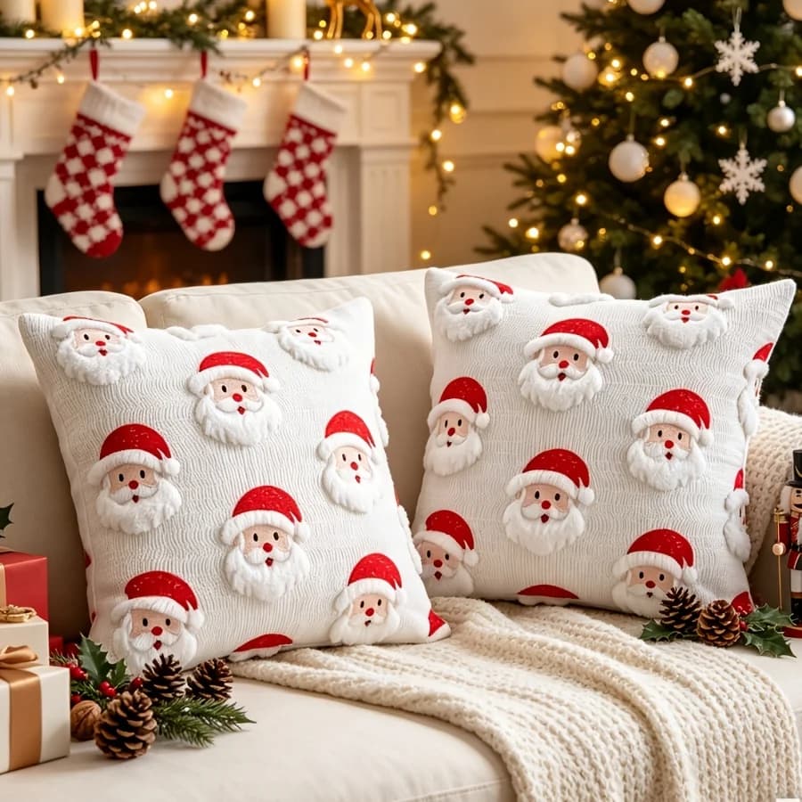 Set of 2 Quilted Plush Santa Claus Pillow Covers, Luxurious Decorative Cushions, Soft Christmas Home Decor for Sofa And Bedroom