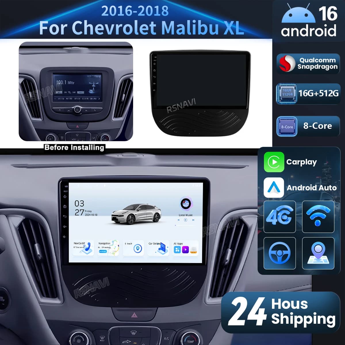 Android 15 Carplay Auto 2K Schermo Autoradio Lettore Multimediale Per Chevrolet Malibu XL 2016-2018 DSP Qualcomm Stereo Snapdragon