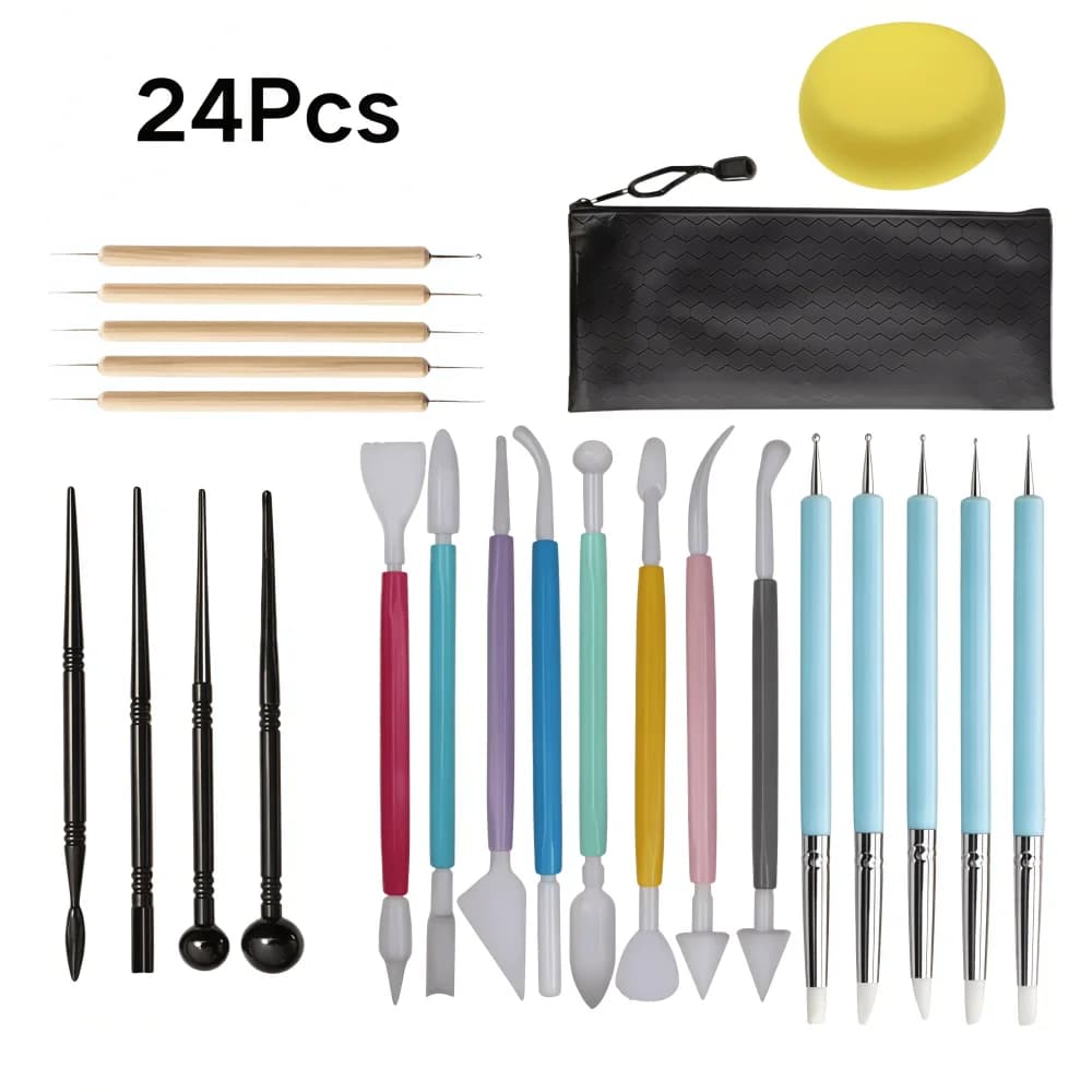 24Pcs Pottery & Clay Carving Tools Set, Sculpting Kit for Ceramic Art, Polymer Clay Modeling, DIY Craft Supplies for Beginners