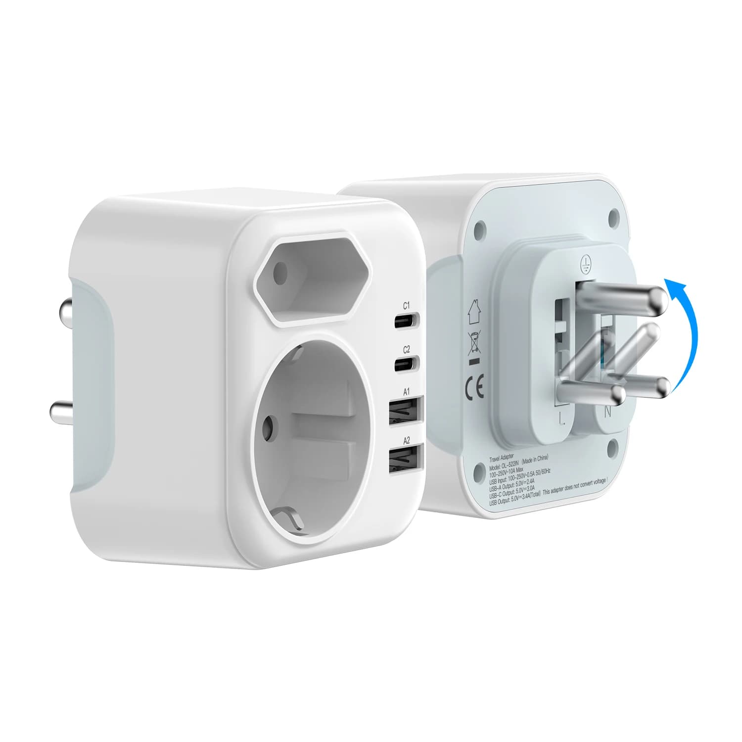 Adattatore di alimentazione da viaggio da UE a Sud Africa Spina tedesca con 2 porte USB + 2 Type-C Presa adattatore pieghevole per Sud Africa, Namibia