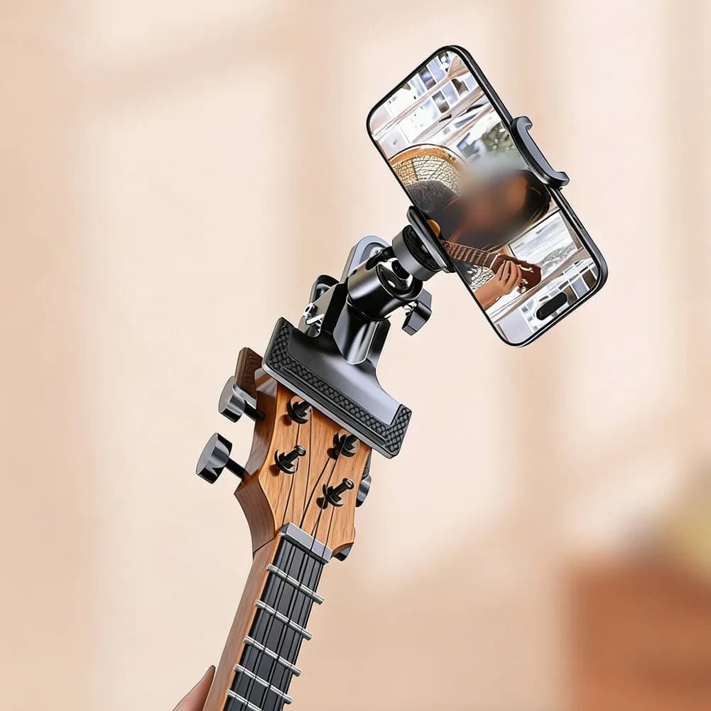 Supporto per Telefono da Chitarra Regolabile con Treppiede e Clip da Tavolo, Compatibile con Smartphone, Supporto Versatile per Live Streaming