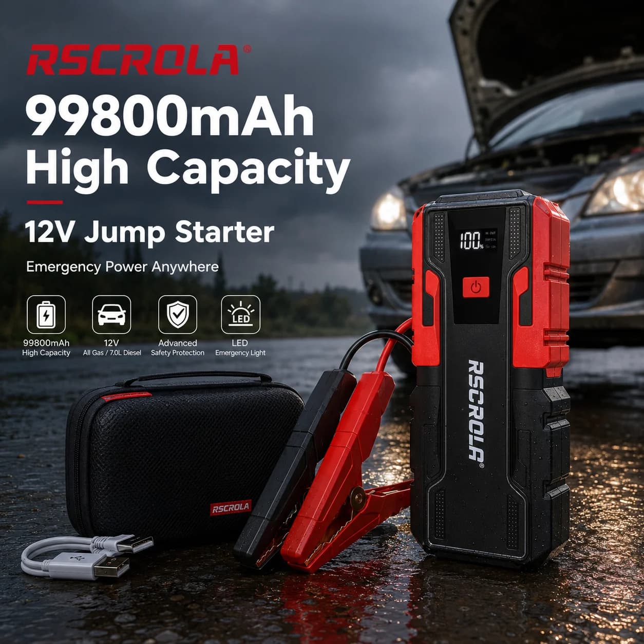 Nuovo Avviatore di Emergenza Portatile per Auto 12V 99800mAh con Display Digitale, Morsetti Robusti e Custodia per il Trasporto