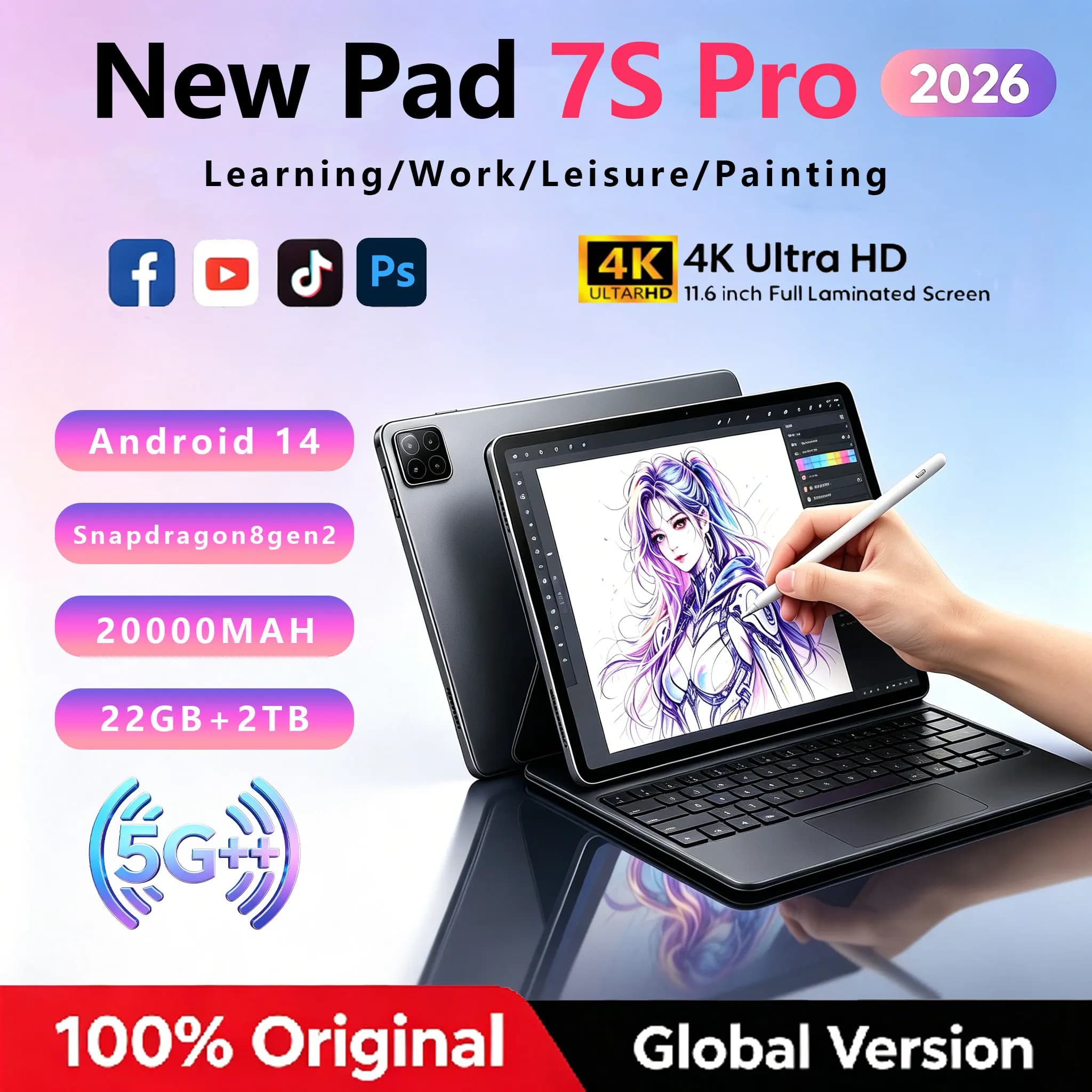 Nuovo Tablet 2026 Pad 7S Pro 11" Android 14 22GB+2TB 20000mAh 5G Dual SIM Versione Globale per Disegno