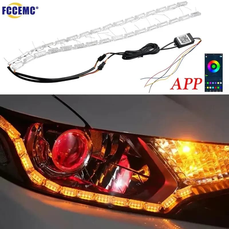 2pcs APP flusso sequenziale LED faro DRL Daytime Running Light Strip flessibile impermeabile decorativo Angel Eye indicatore di direzione