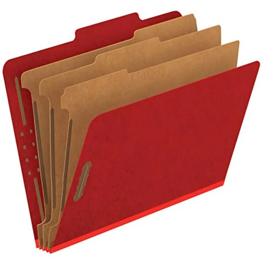 Cartelle Classificatrici in Pressboard con 3 Divisori, Chiusure Incorporate da 2 Pollici, Linguette 2/5, Formato Letter, Rosso Brillante, Confezione da 10