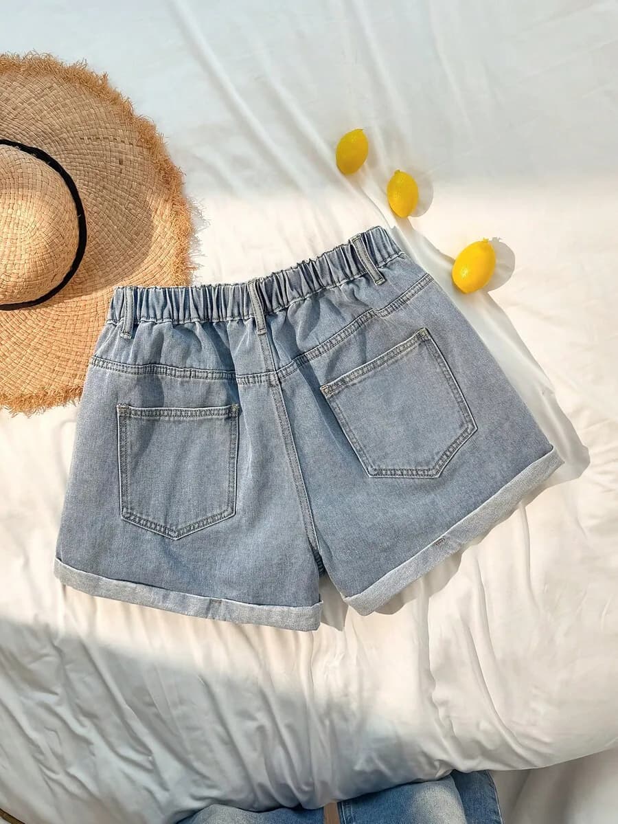 Women Light Blue Denim Shorts High Waist Cuffed Hem Casual Summer