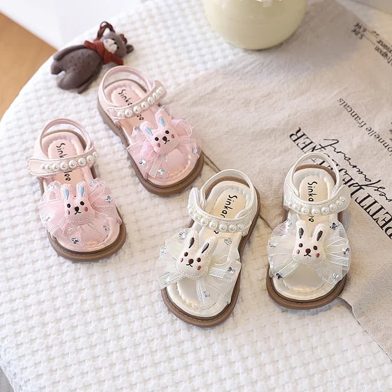 Girls' Toddler Sandals Cute Rabbit Children's Bow Beach Shoes Princess Style Sweet Pearl Decoration Comfortable Soft on The Feet