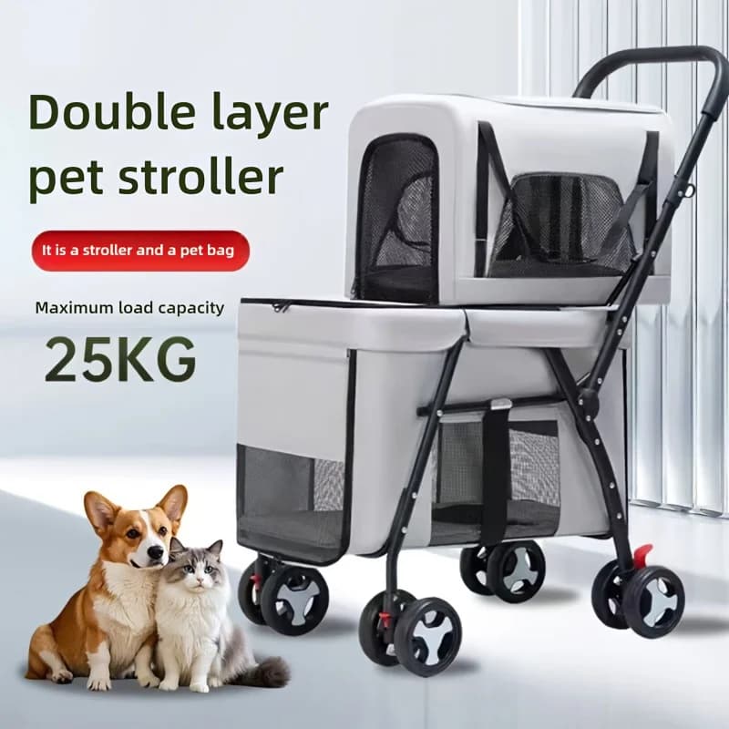 Double Pet Stroller for 2 Small Dogs or Cats Lightweight Foldable Double Cat Stroller with Detachable Carrier Strolling Cart