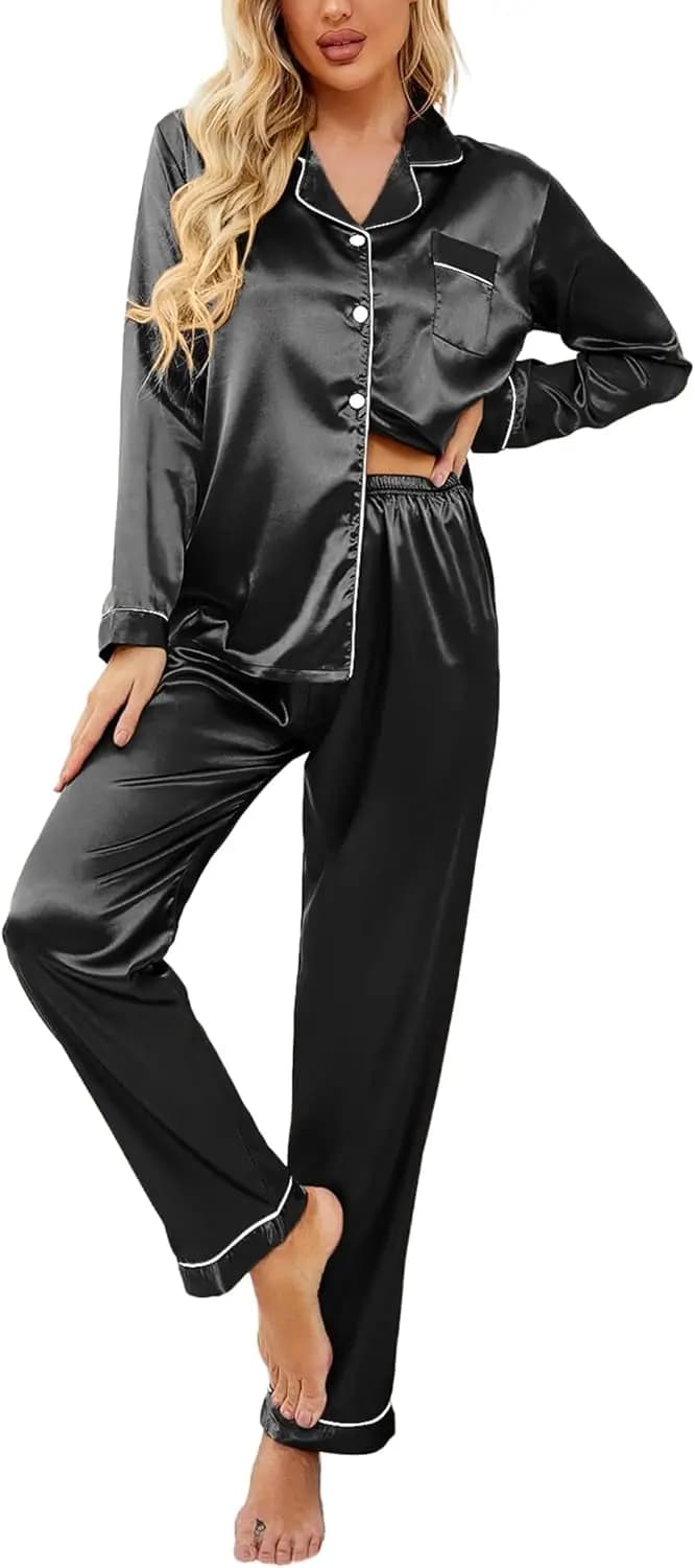 Elegante Set Pigiama Lungo in Seta Satinata per Donne