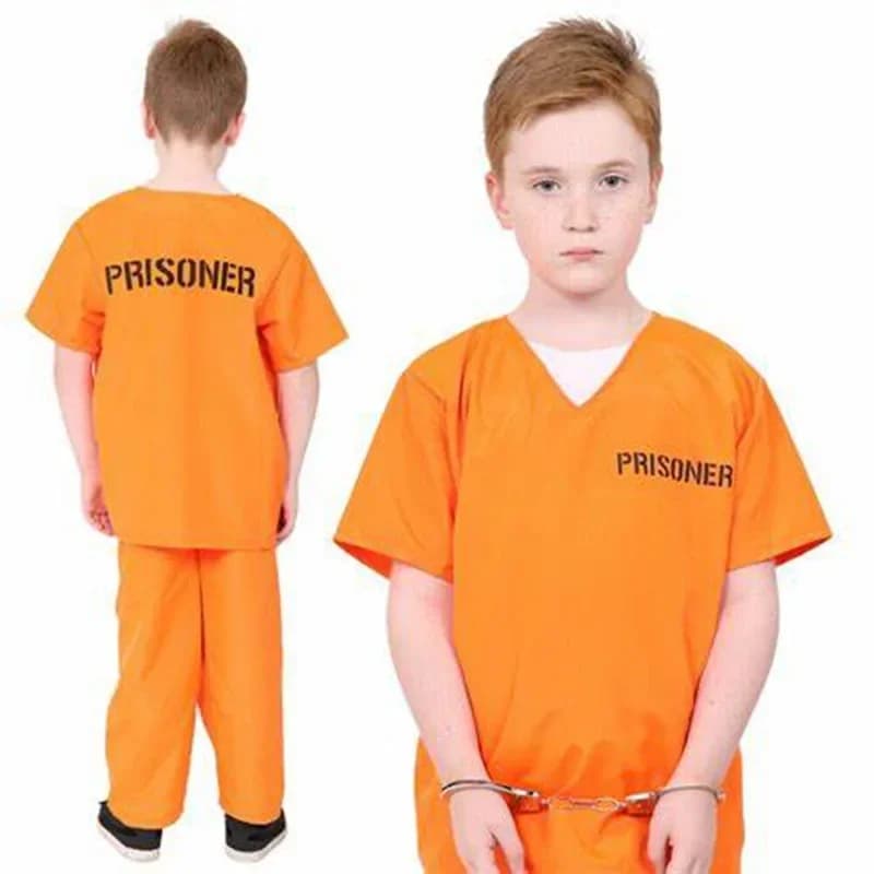 Children Orange Prisoner Halloween Criminal Cosplay Costumes Kids Convict Toys Costume 3-9 Years Purim Unisex Fancy Dress