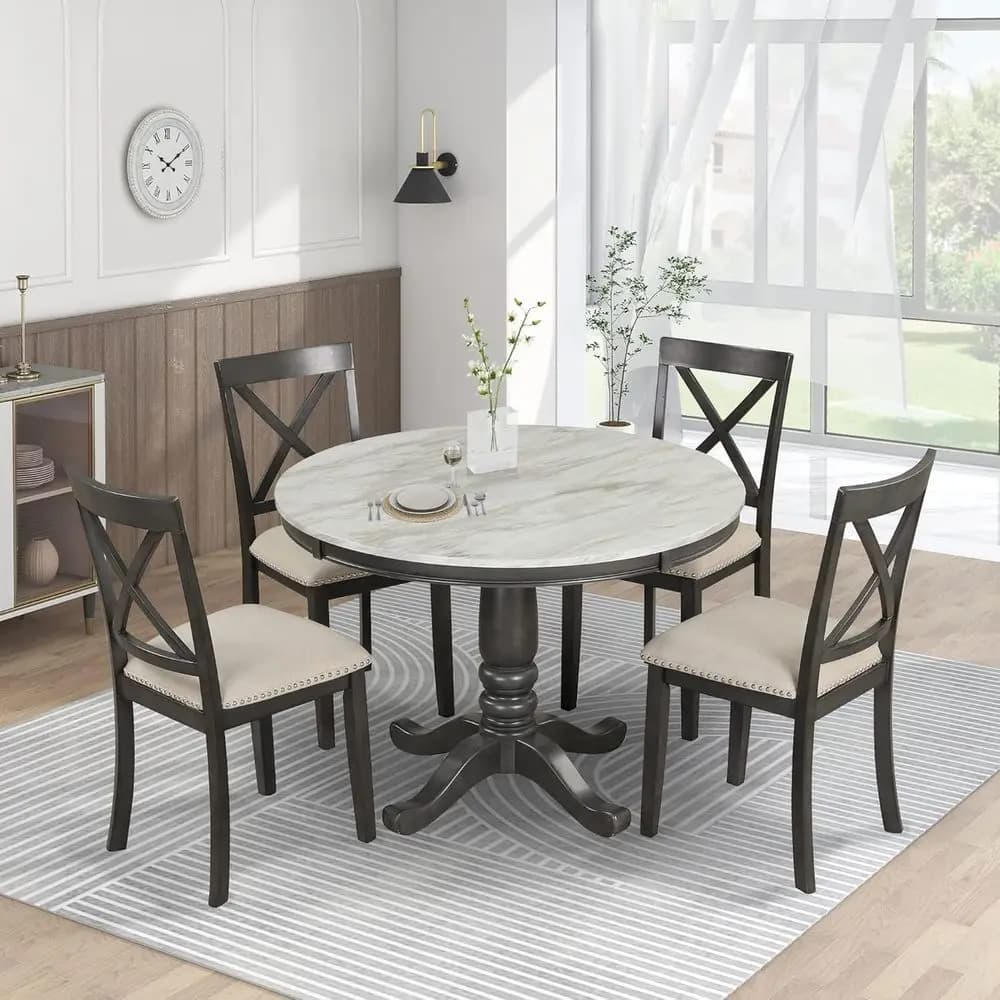 Set da Pranzo Rotondo in Legno a 5 Pezzi con Sedie Imbottite per Area Pranzo Familiare