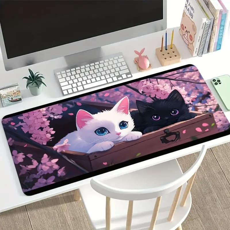 VIKAMA Cherry Blossom Black White Cat XXL Desk Mat Anti Slip Gaming Mouse Pad Cute Animal Keyboard Mat Desktop Decor