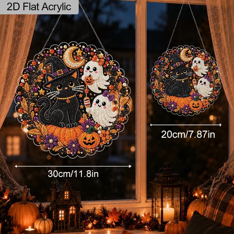 2D Flat 1Pc 30cm/20cm Acrylic Halloween Witch Black Cat & Cute Ghost Pearl Diamond Art Kit, DIY Diamond Painting Hanging
