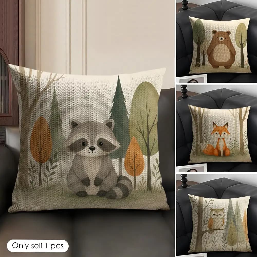 Woodland Animals Bears Foxes Cushion Cover Natural Linen Organic Fabric Double Sided Print Sofa Pillow Case Home Decor Gift