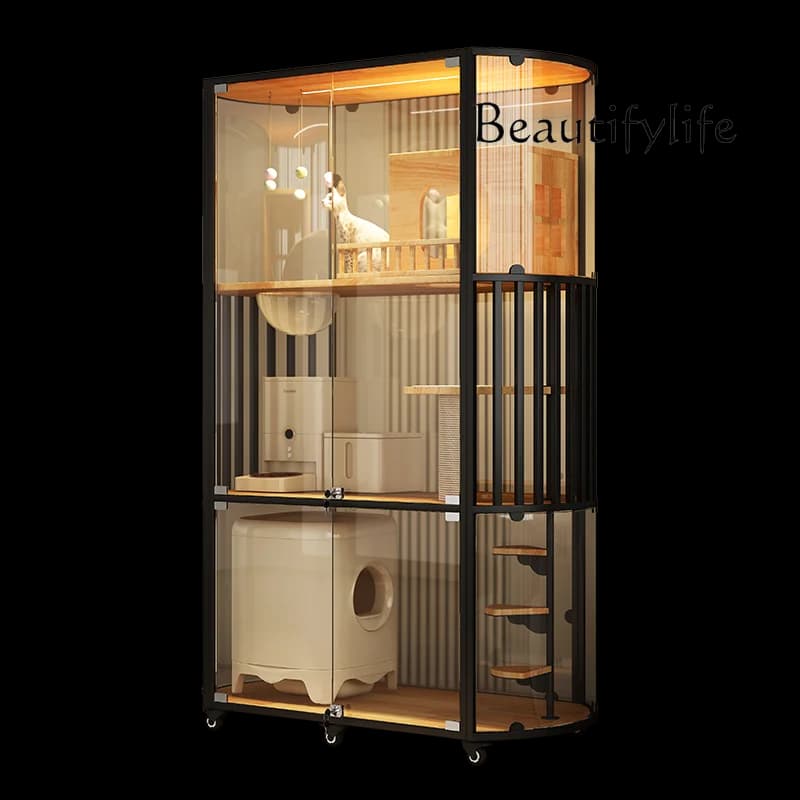 Camera panoramica per gatti in vetro di lusso per gatti Grande casa con gabbia in legno massello Scatola lettiera automatica per gatti per uso domestico