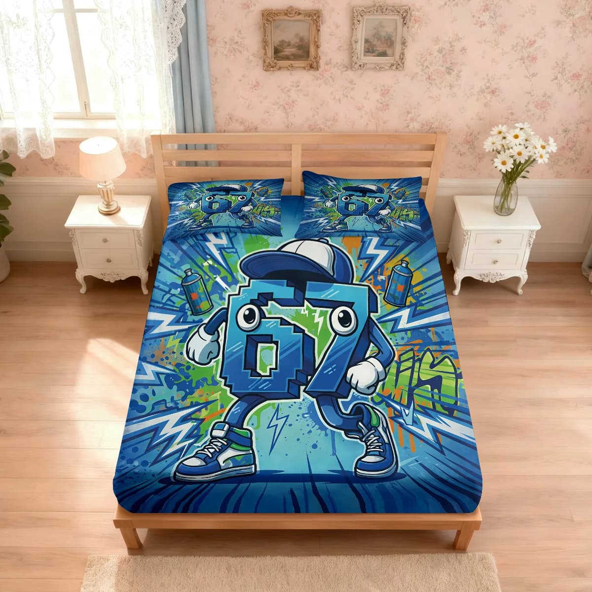 Set of 3 Cyber Style Sheets with 67 Elements Printing, Without Soul, Multi-Measurement, Soft, for Bedroom Decoration, Washable in Washing Machine