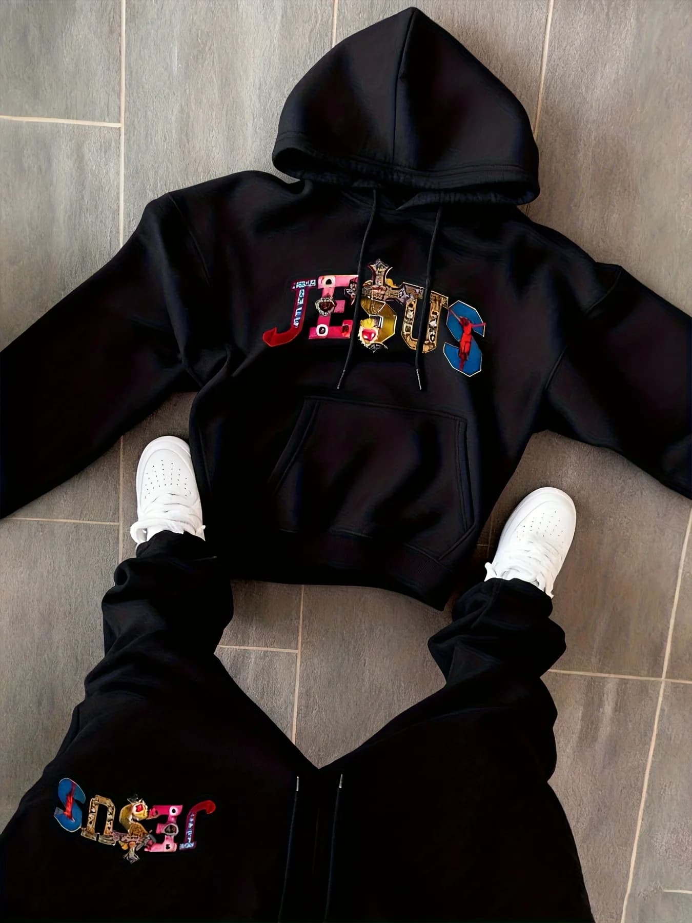Men Jesus Printed Hoodie Sweatpants 2 Pcs Set Casual Long Sleeve Hooded Top Drawstring Jogging Pants Streetwear Tracksuit Sport