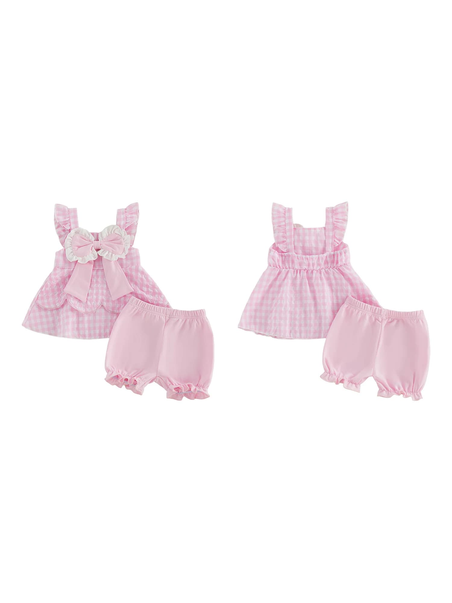 Adorable Infant Girl s Summer Ensemble with Plaid Design Cute Bow Square Neck Sleeveless Top and Matching Shorts - 2 Piece