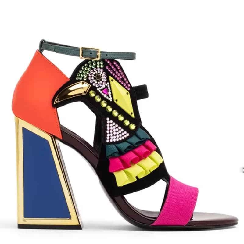 Sandali Donna con Tacco a Punta Aperta a Forma di Uccello con Strass Colorati, Collezione Estate 2026, Scarpe con Tacco Grosso e Fibbia Abbinata per Donna