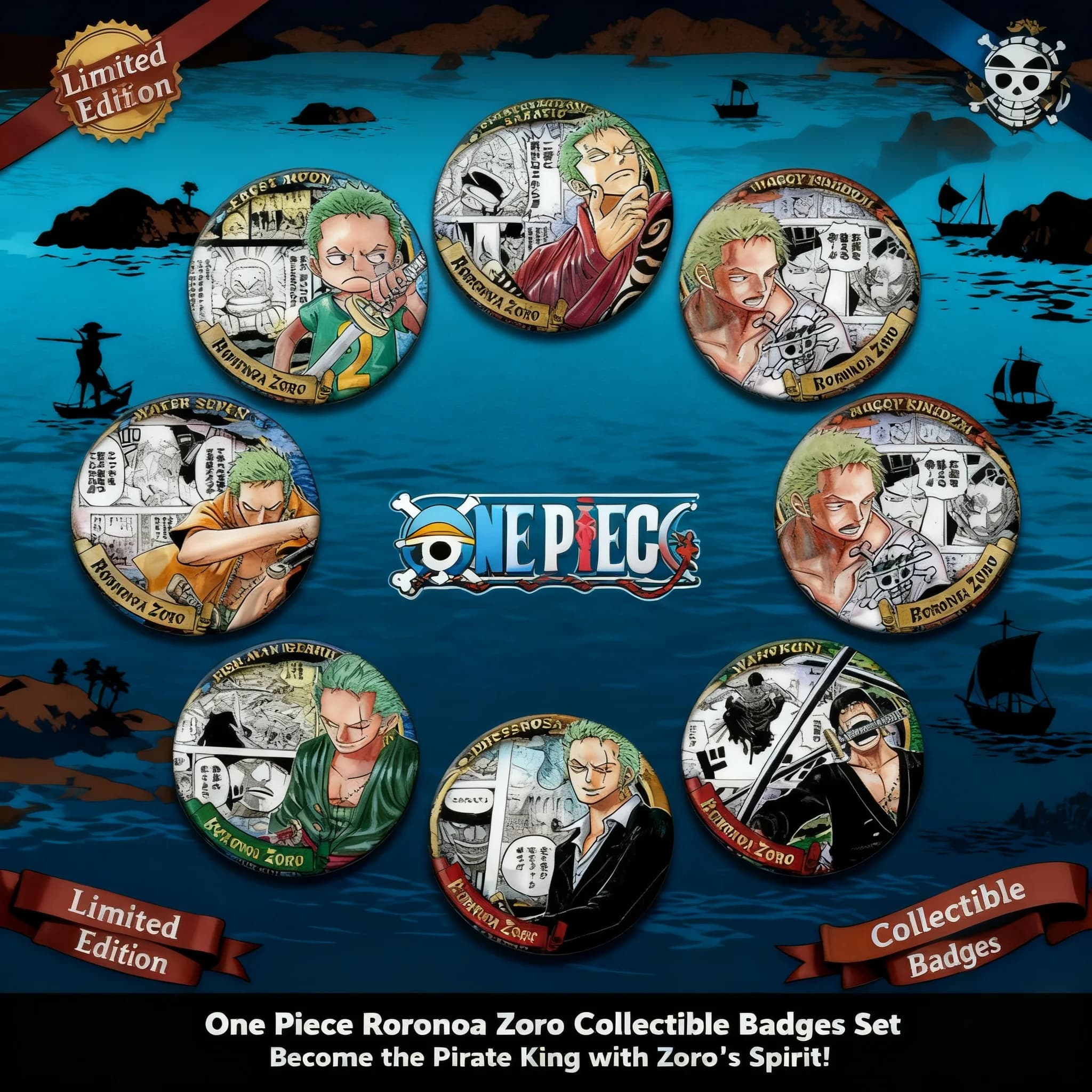 Spilla Distintivo Anime One Piece Zoro con Pellicola Lucida, Replica, Merchandising, Oggetto da Collezione