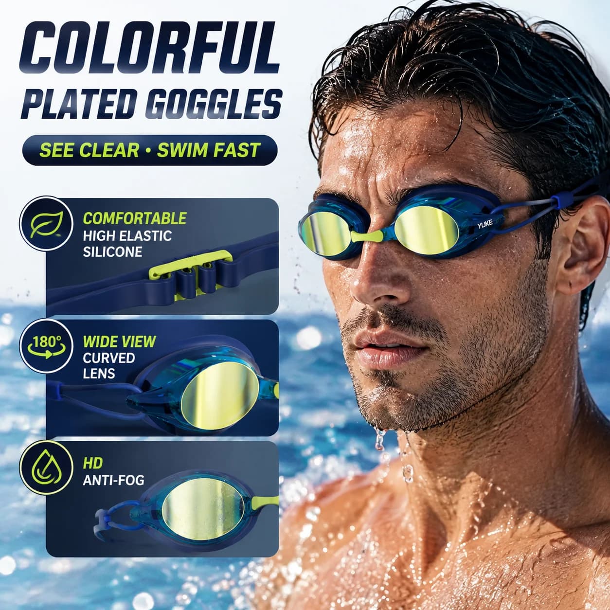 Electroplated Swimming Goggles Anti Fog UV Protection Swim Glasses High Definition Lens Silicone Strap Men Women Small Frame