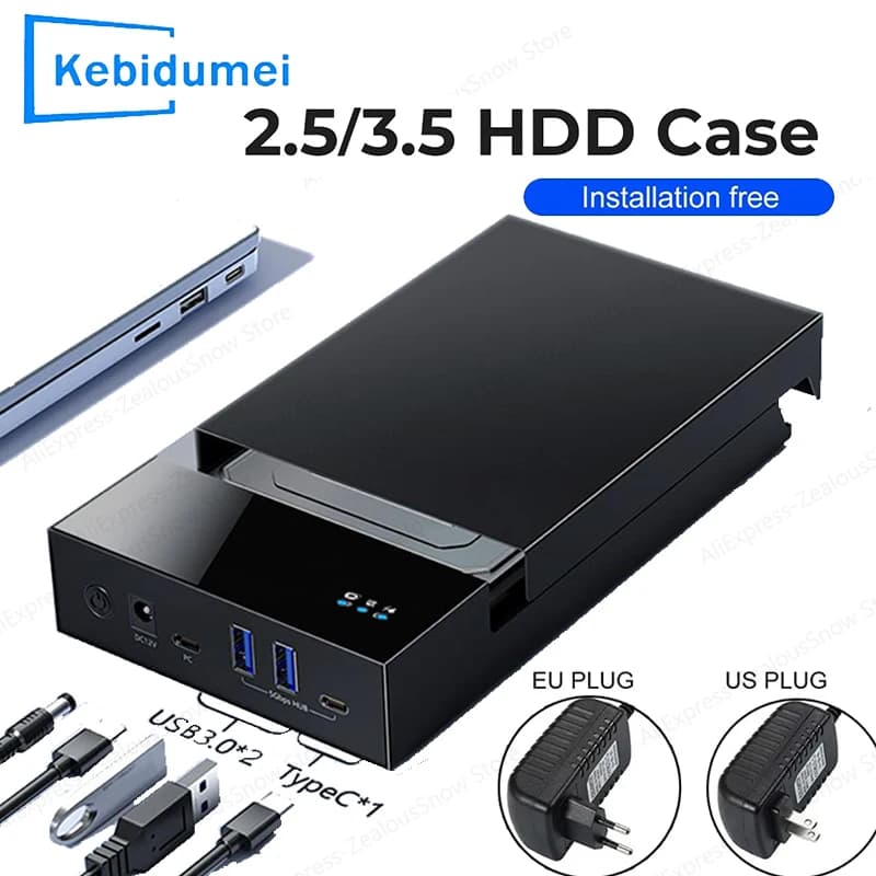 2.5/3.5 SATA HDD Enclosure USB3.0 HUB External Hard Drive Reader support 20TB TYPE C TO SATA Adapter HDD case With 12V Power