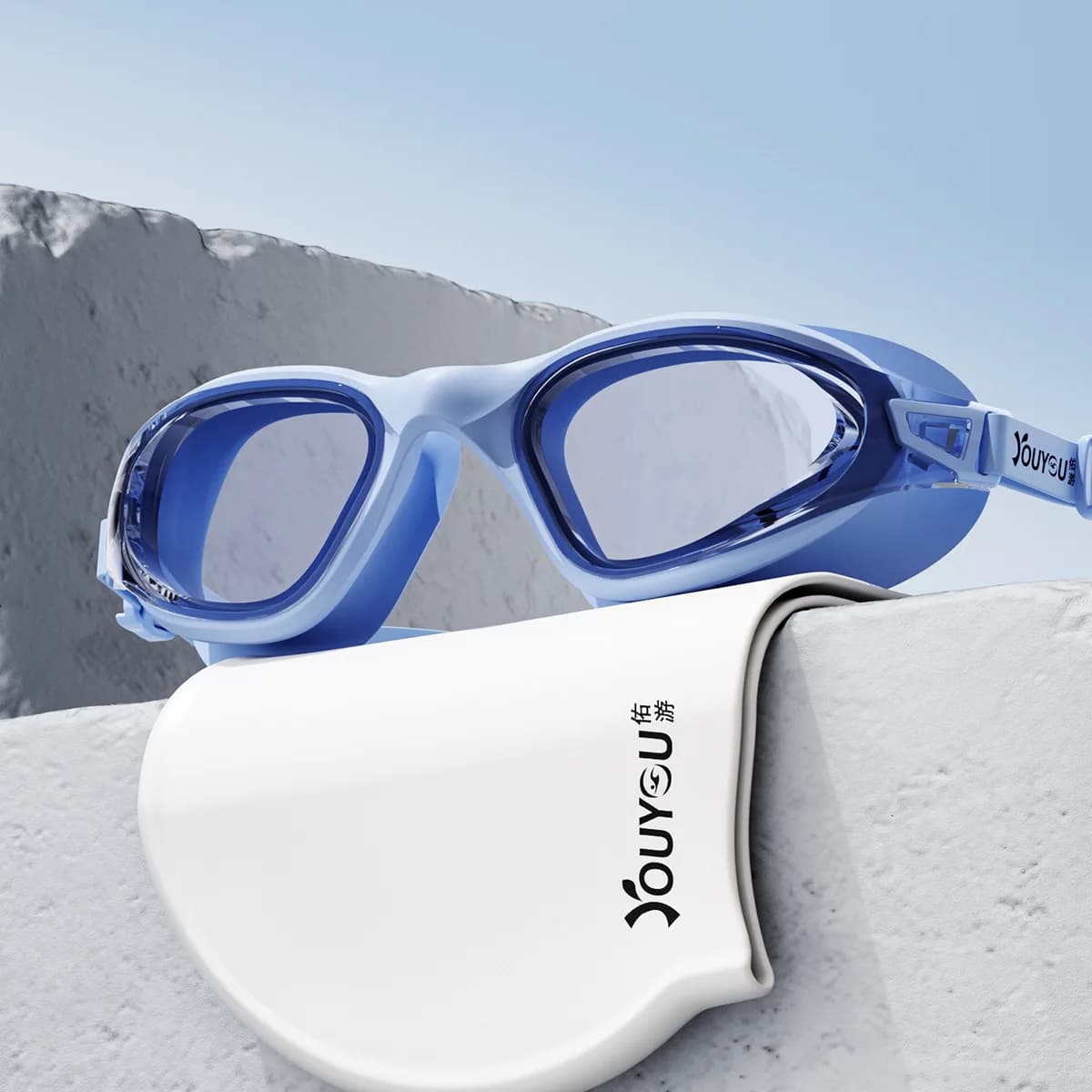 Professional waterproof and high-definition anti-fog swim glasses set for men and women, swim cap set for underwater equipment
