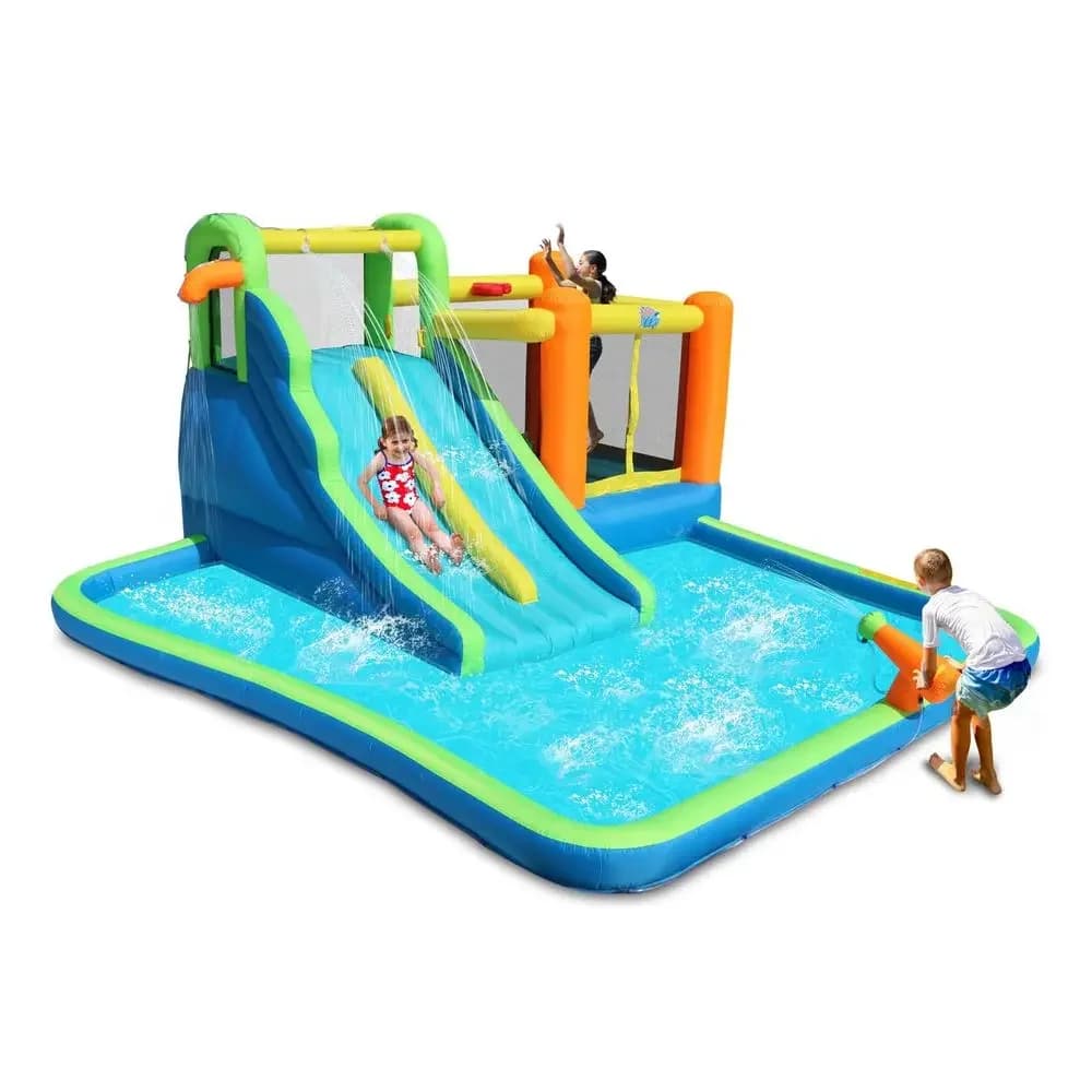 Scivolo acquatico gonfiabile 7 in 1 con grande piscina, area extra per saltare con canestro da basket, ampia area gonfiabile 64x6