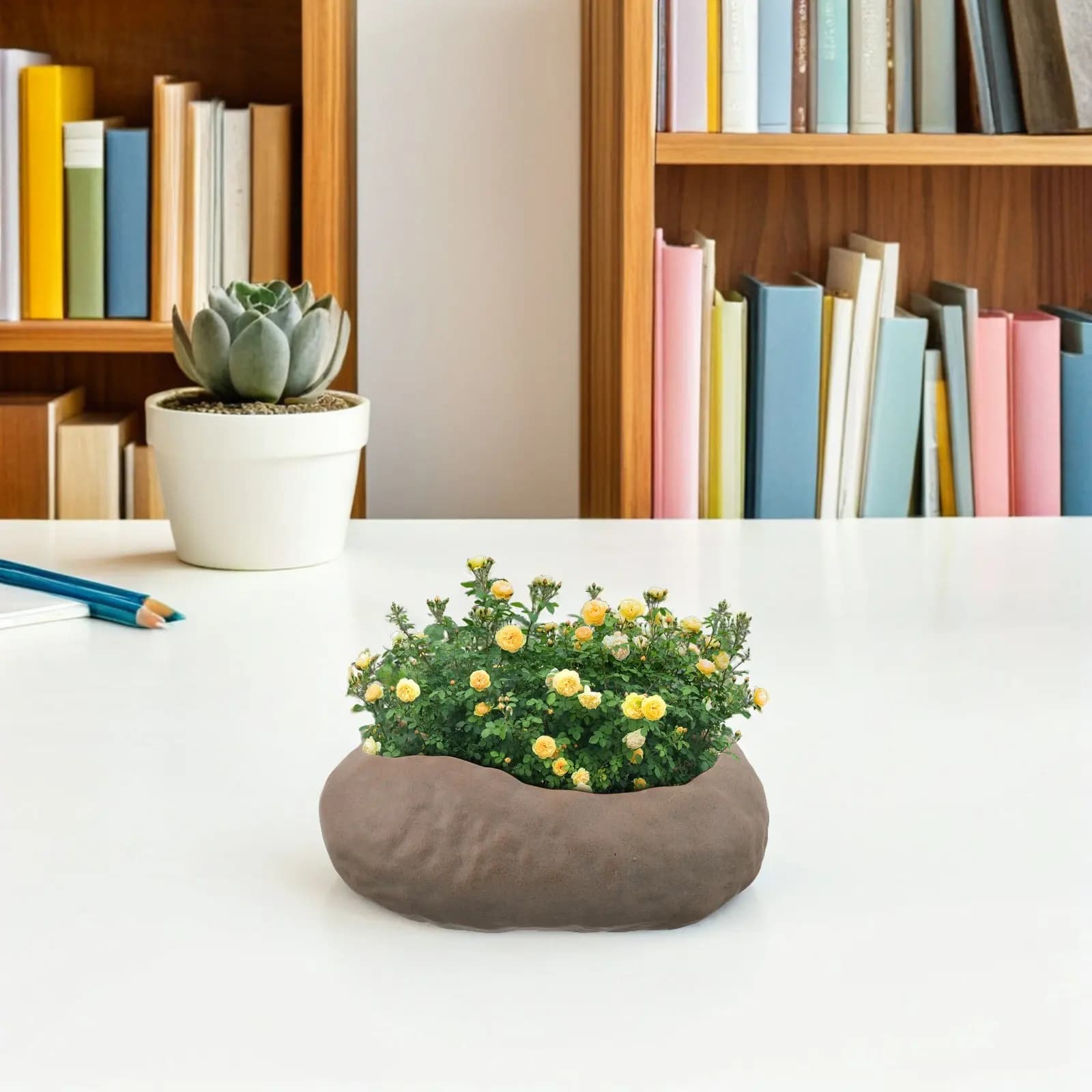 Decorative Rock Shape Ceramic Vase, Artificial Grass Plants and Interior Bonsai