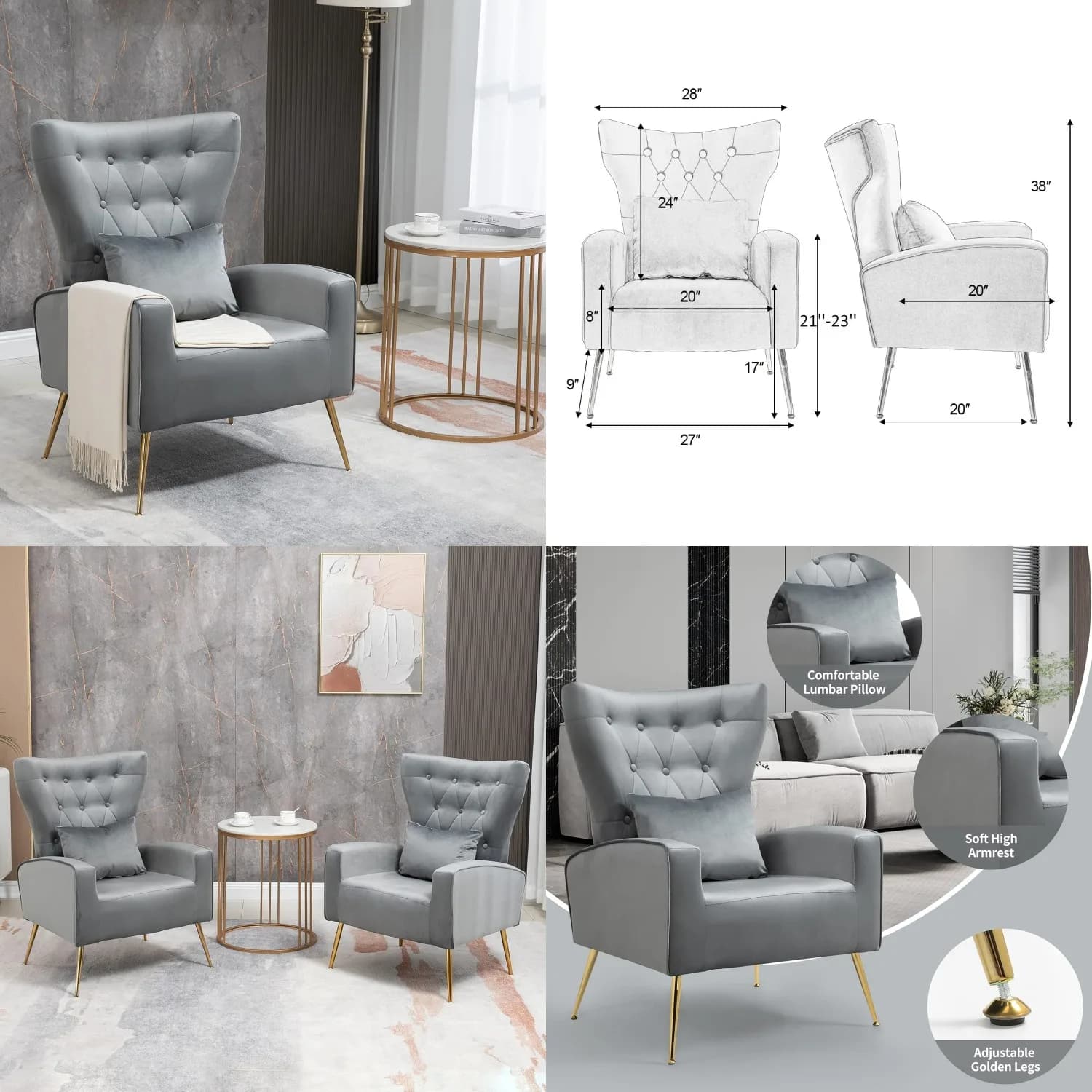 Poltrona Imbottita in Velluto con Schienale Alto e Cuscino Lombare, Gambe Dorate per Soggiorno e Camera da Letto, Grigio Personalizzabile