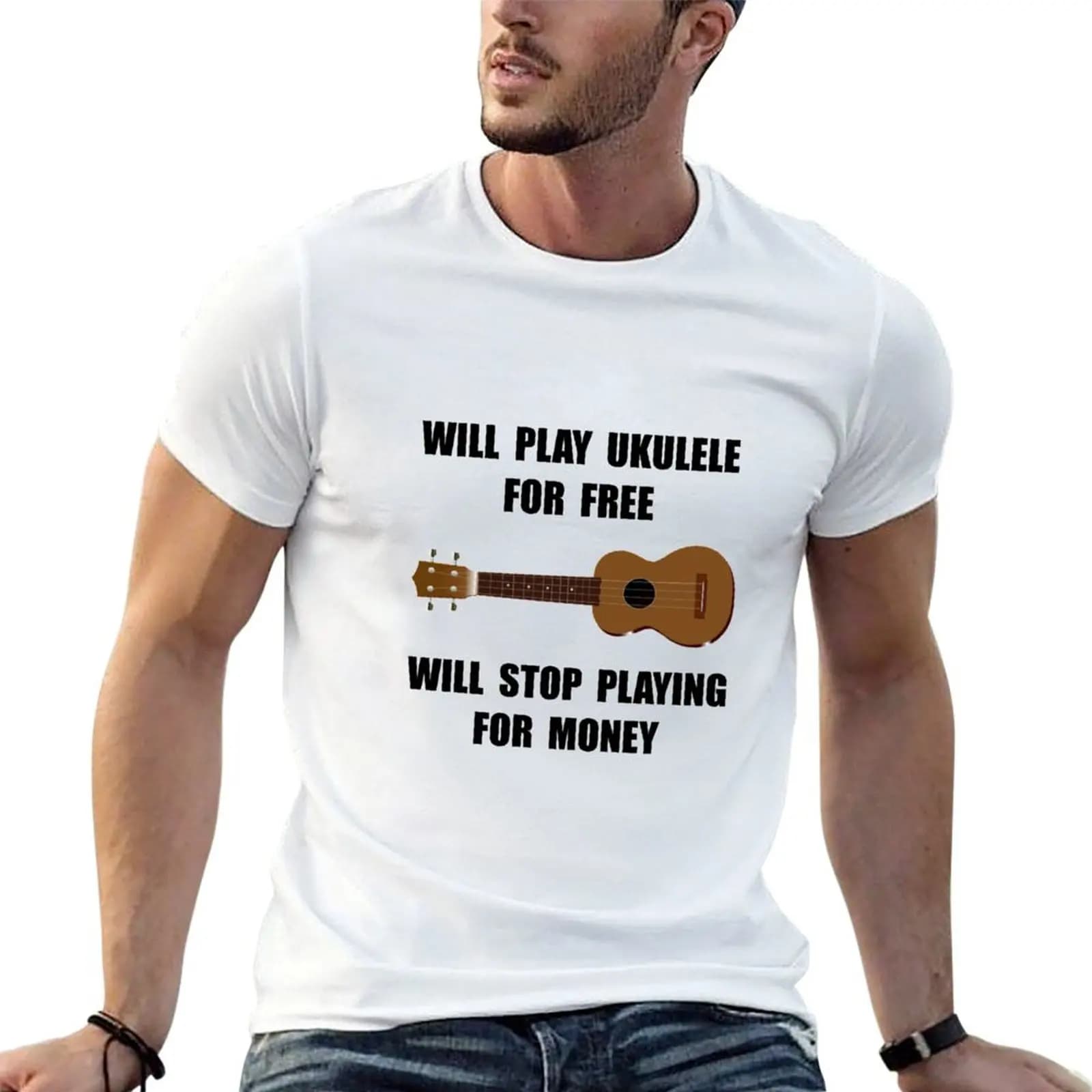 T-shirt da uomo con stampa Ukulele Playing, t-shirt da uomo in cotone, t-shirt da uomo con grafica, t-shirt da uomo di lusso