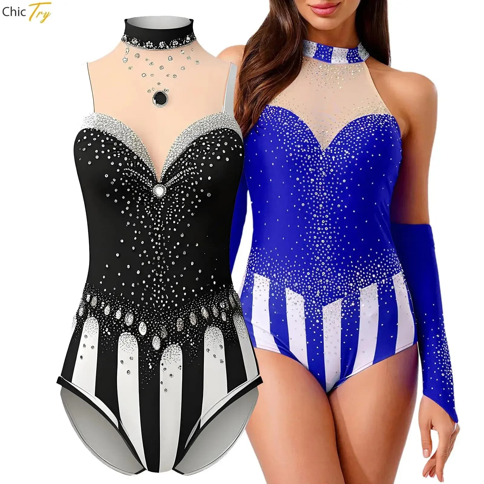 Costumi da ballo per donna, circo, direttore di circo, strass lucidi, a righe, maniche lunghe, ginnastica, pattinaggio di figura