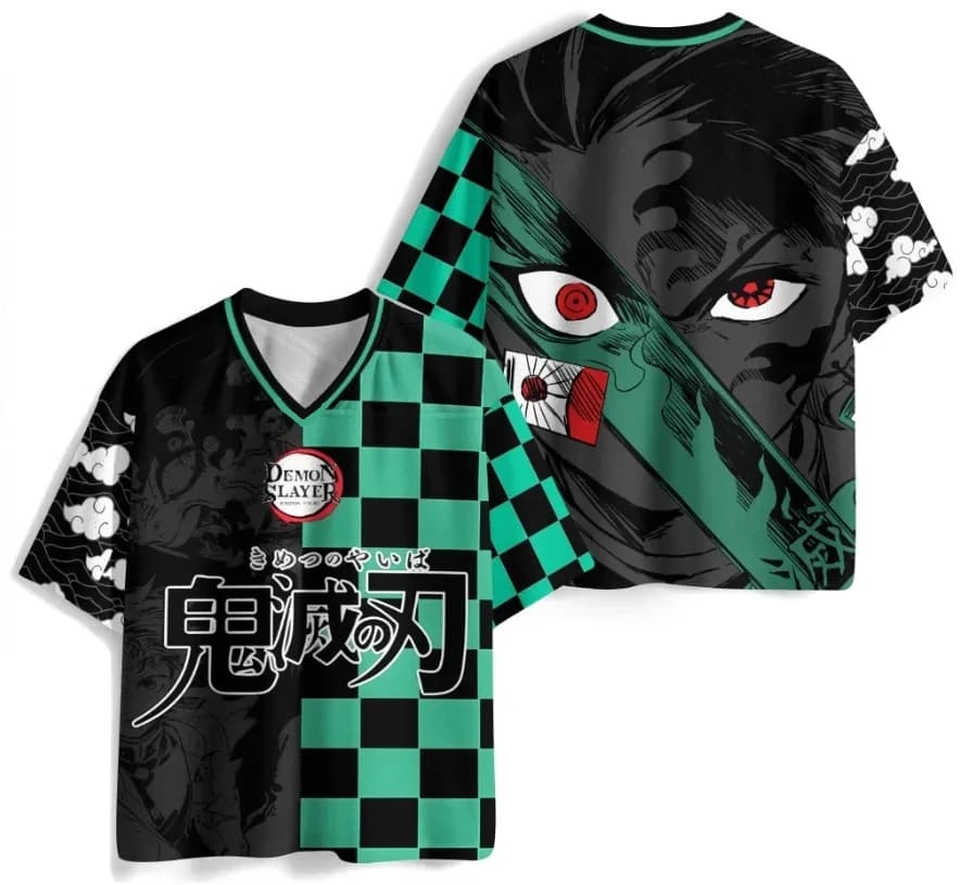 Stampa su jersey a quadretti verde nero Summer Demon Slayer, tessuto traspirante ad asciugatura rapida, abbigliamento sportivo da strada per adulti e adolescenti
