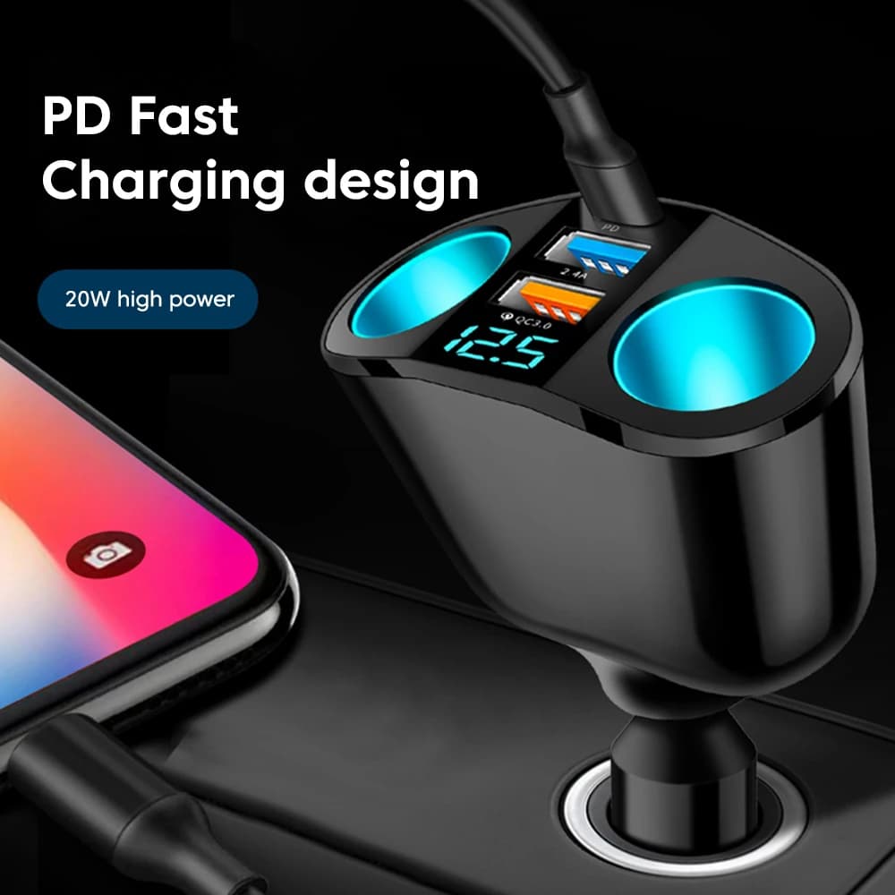 Adattatore per accendisigari per auto doppio caricabatteria da auto 66W 2USB + PD con display di tensione Caricabatteria da auto veloce 12/24V per caricabatterie per telefono cellulare