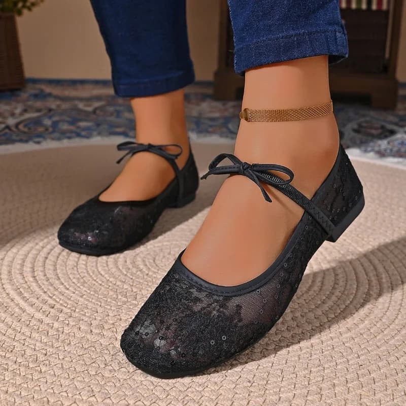 Women Spring Summer Ballet Flat Shoes Fashion Mesh Embroidery Breathable Flats Lovely Bow Knot Female Daily Walking Sandals