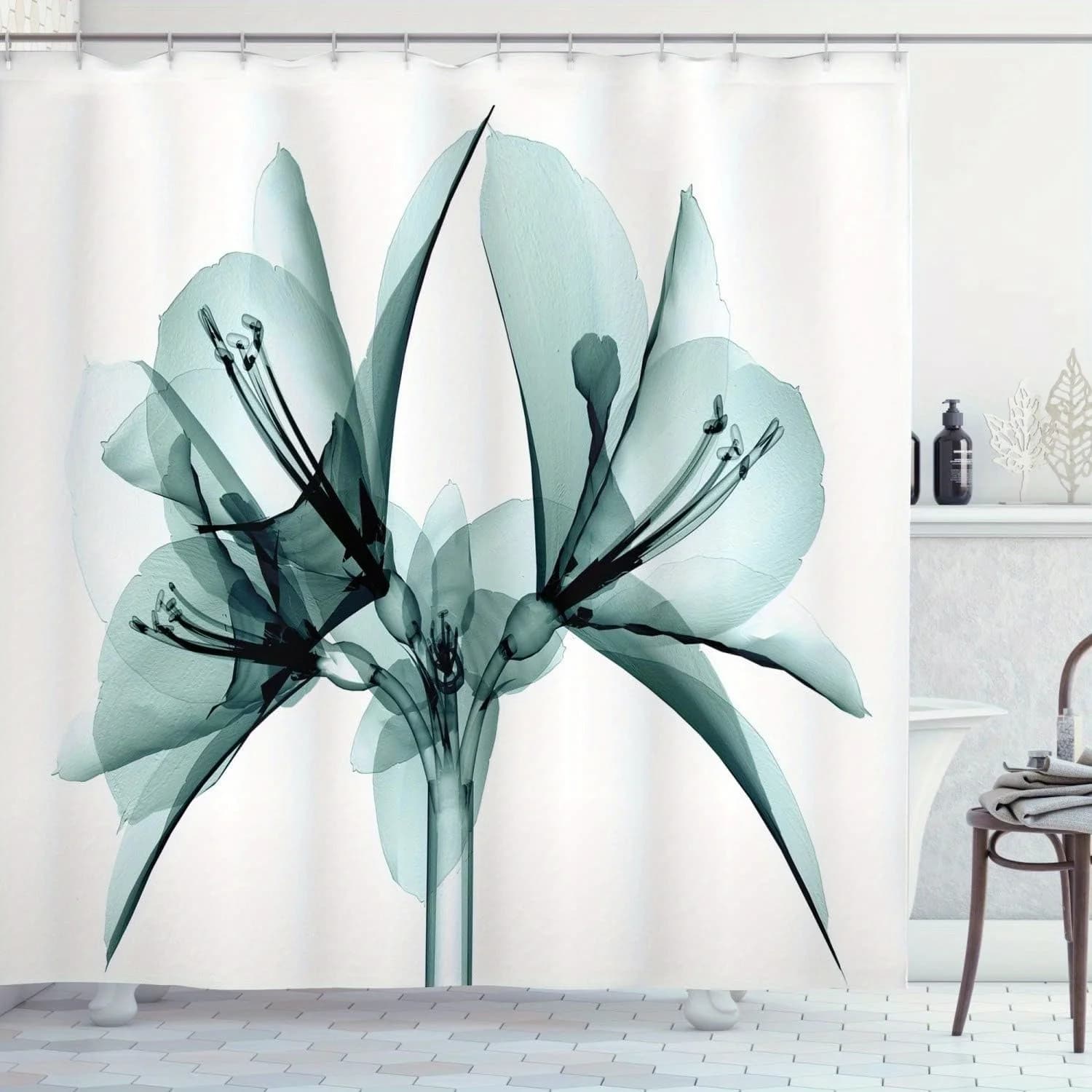 Shower curtain with flowers - X-ray vision with flower flowers, natural solar pattern, fabric, bathroom decor set