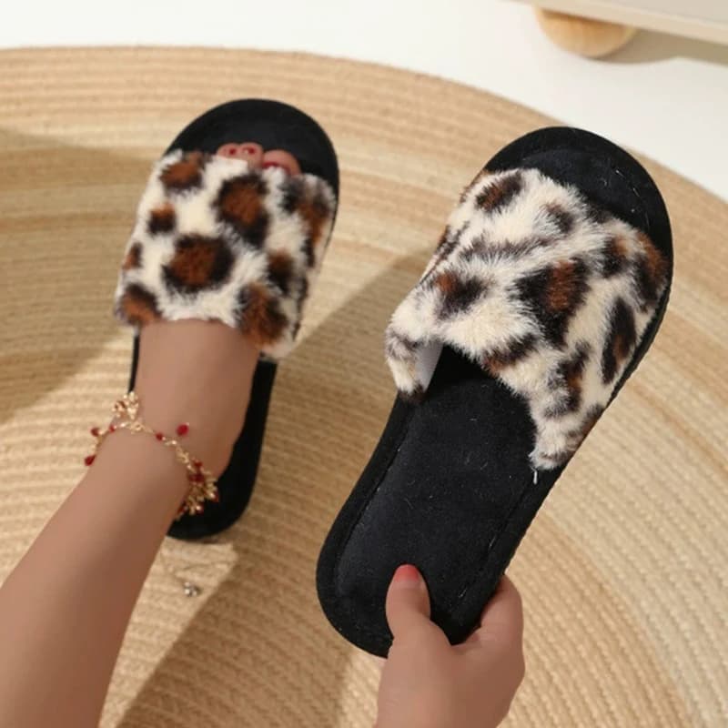 Pantofole in peluche per la casa vintage leopardate da donna Pantofole in pelliccia antiscivolo resistenti all'usura Donna Scarpe da soggiorno morbide e soffici da donna