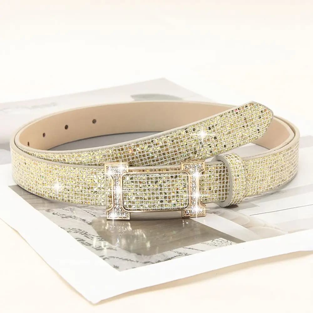 Vintage Bling Bling Sparkling Rhinestone Belt Glitter Versatile Slide Buckle Belt Luxury Brand Design Trendy Waistband Women