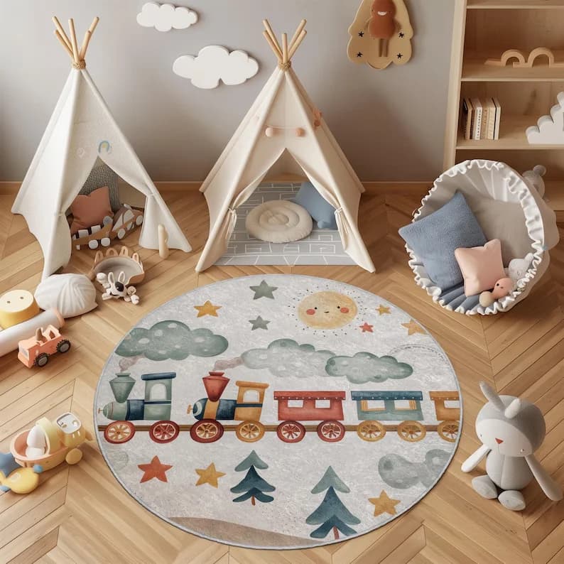 Tappeto da treno per bambini Tappeto rotondo per sala giochi Locomotiva Stelle Tappeto per cameretta per bambini Auto e barca Simpatico tappetino per sala giochi per bambini arcobaleno per bambini