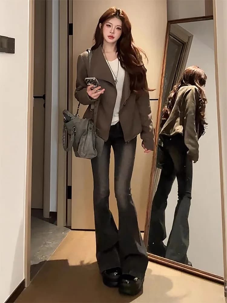 Retro American Grey Black Micro Flared Jeans Women's High Waist Slimming Long Pants Sexy Girl Autumn Winter Fashion Parkyeon