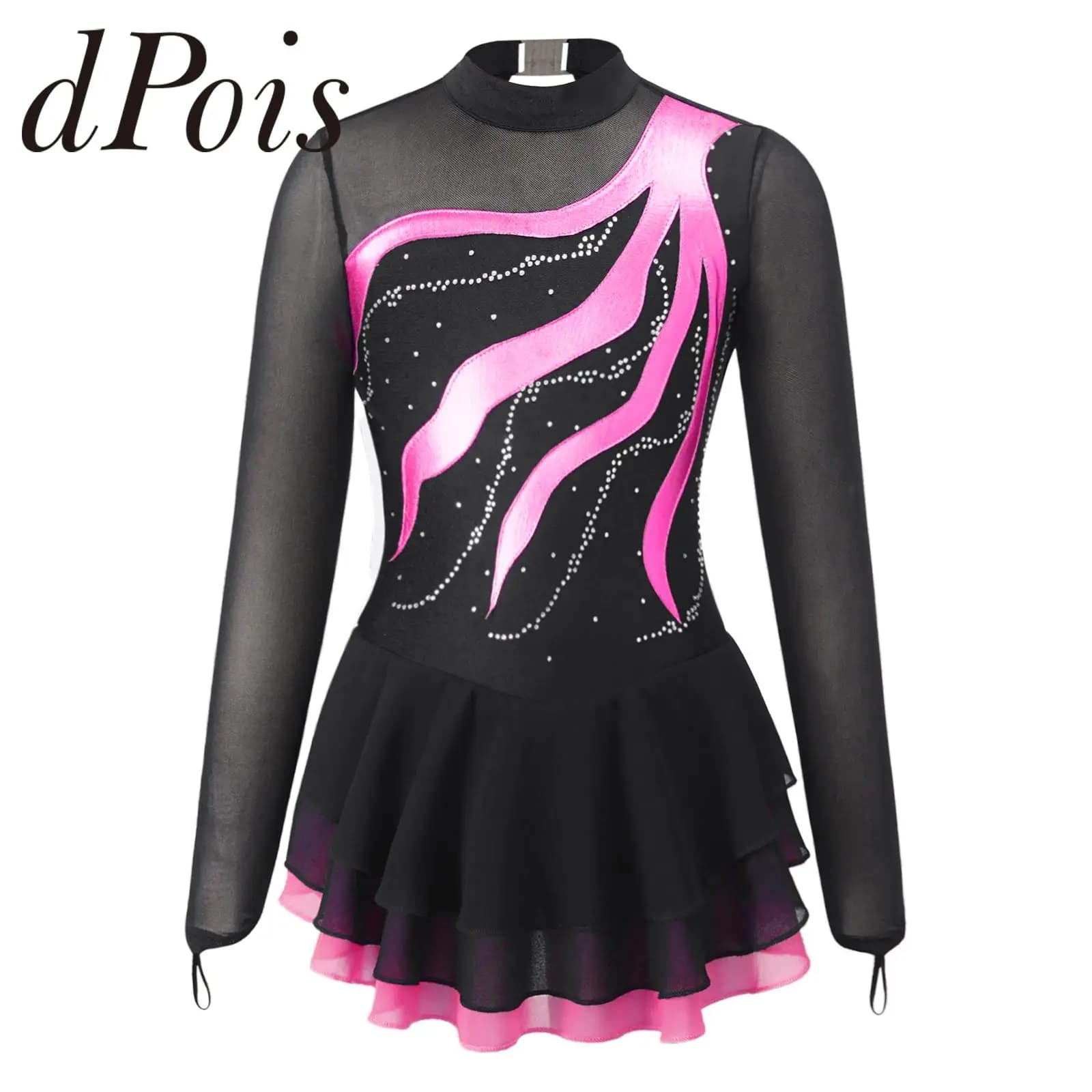 Vestito da pattinaggio artistico abbigliamento da ballo per bambini ragazze manica lunga con strass Patchwork Costume da pattinaggio su ghiaccio balletto ginnastica body Dress