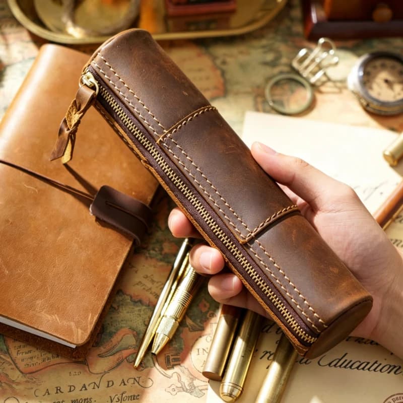 New vintage leather zipper pencil case, top-grain zebra leather handmade wallet, student stationery storage bag