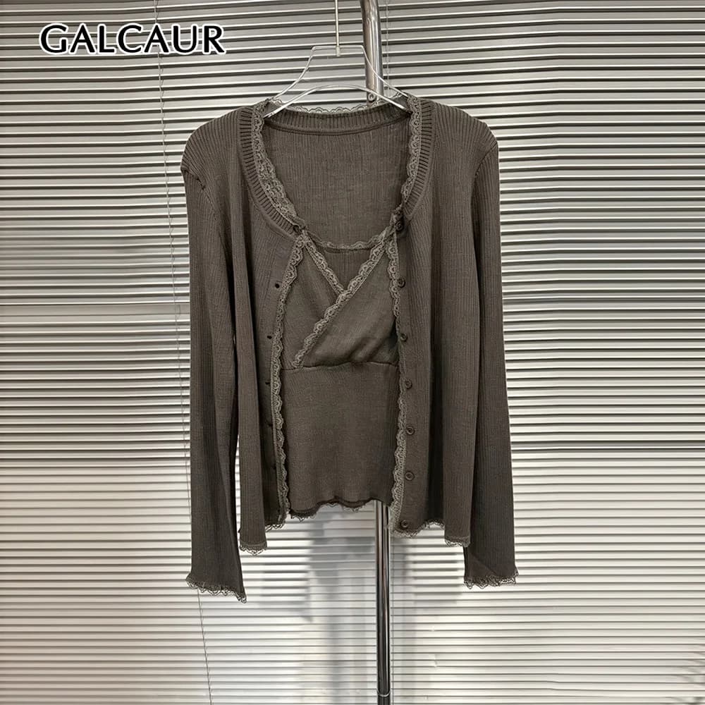GALCAUR Lace Spliced Button Slimming Solid Two Piece Set for Women Round Neck Sleeveless Vest Knit Jacket Casual Sets Female New