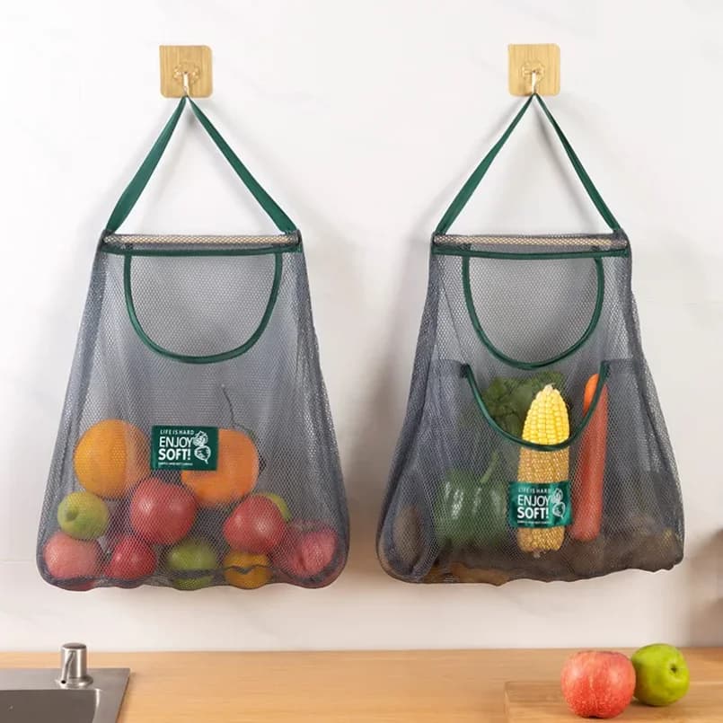 Reusable Hanging Mesh Storage Bag, Kitchen Fruit Vegetable Net Bag for Ginger Garlic Potatoes Onions