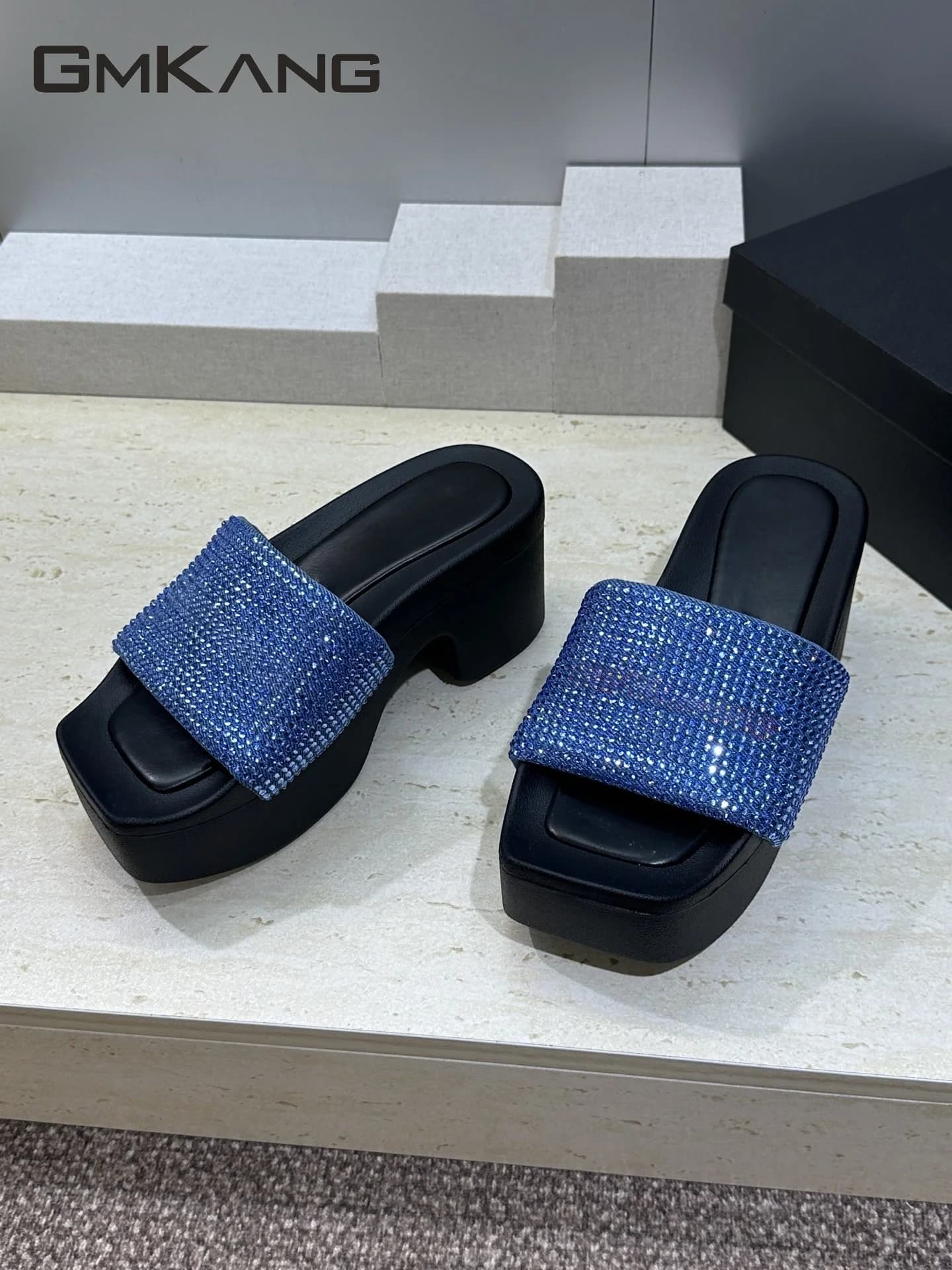 Women Rhinestone Platform Mules Slides Square Open Toe Chunky Wedge Heel Slippers Summer Fashion Sparkly Beach Party Sandals