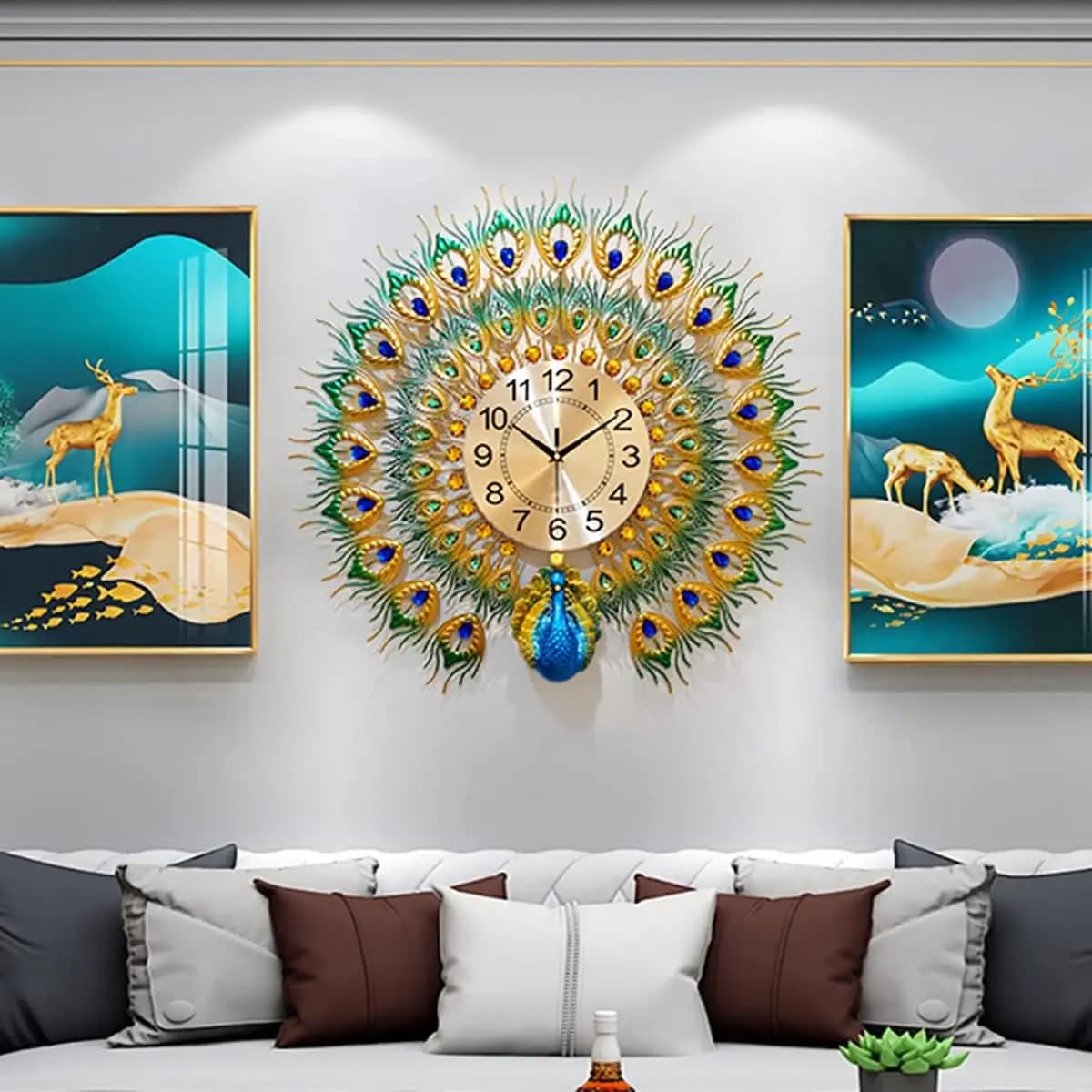 Silent wall clock with 27.6 inch peacock, metal art decoration for living room and bedroom