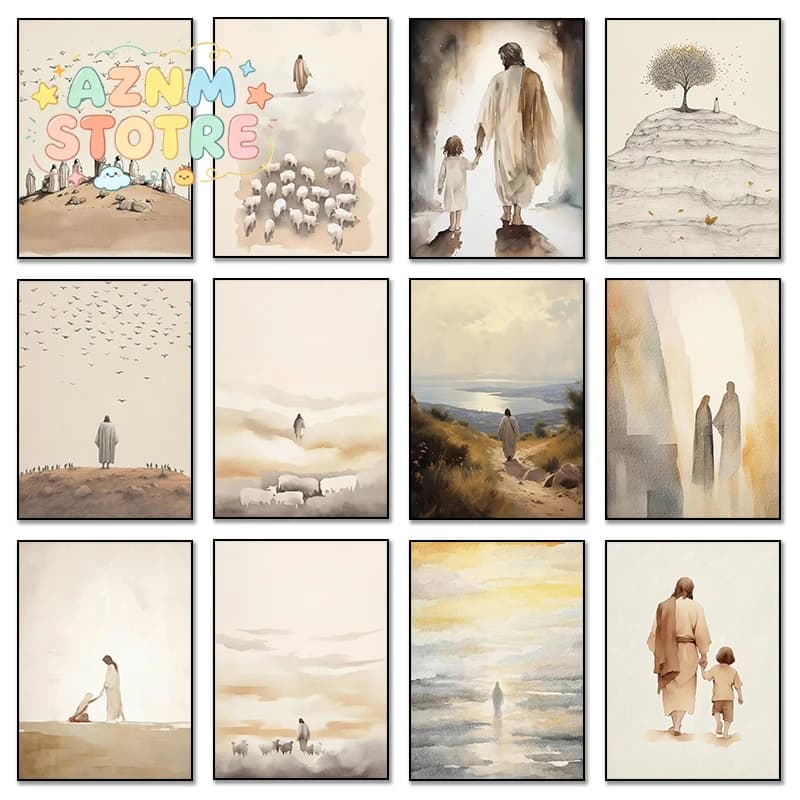 Watercolor Christianity Jesus Sheep Kids Back Shadow Poster Print Canvas Printing Wall Art Picture for Living Room Nursery De