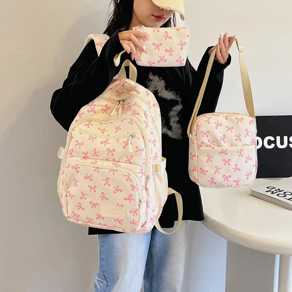 3 Pcs/Set Cute Large Capacity Bow Backpack Bow Print Nylon School Bag Adjustable Strap Travel Backpack
