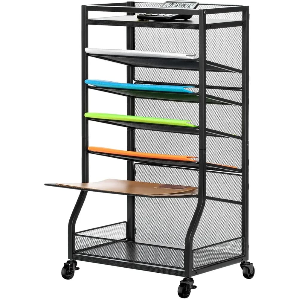 Carrello portadocumenti a 7 livelli con vassoi scorrevoli, organizer da scrivania in legno e metallo per la scuola dell'home office
