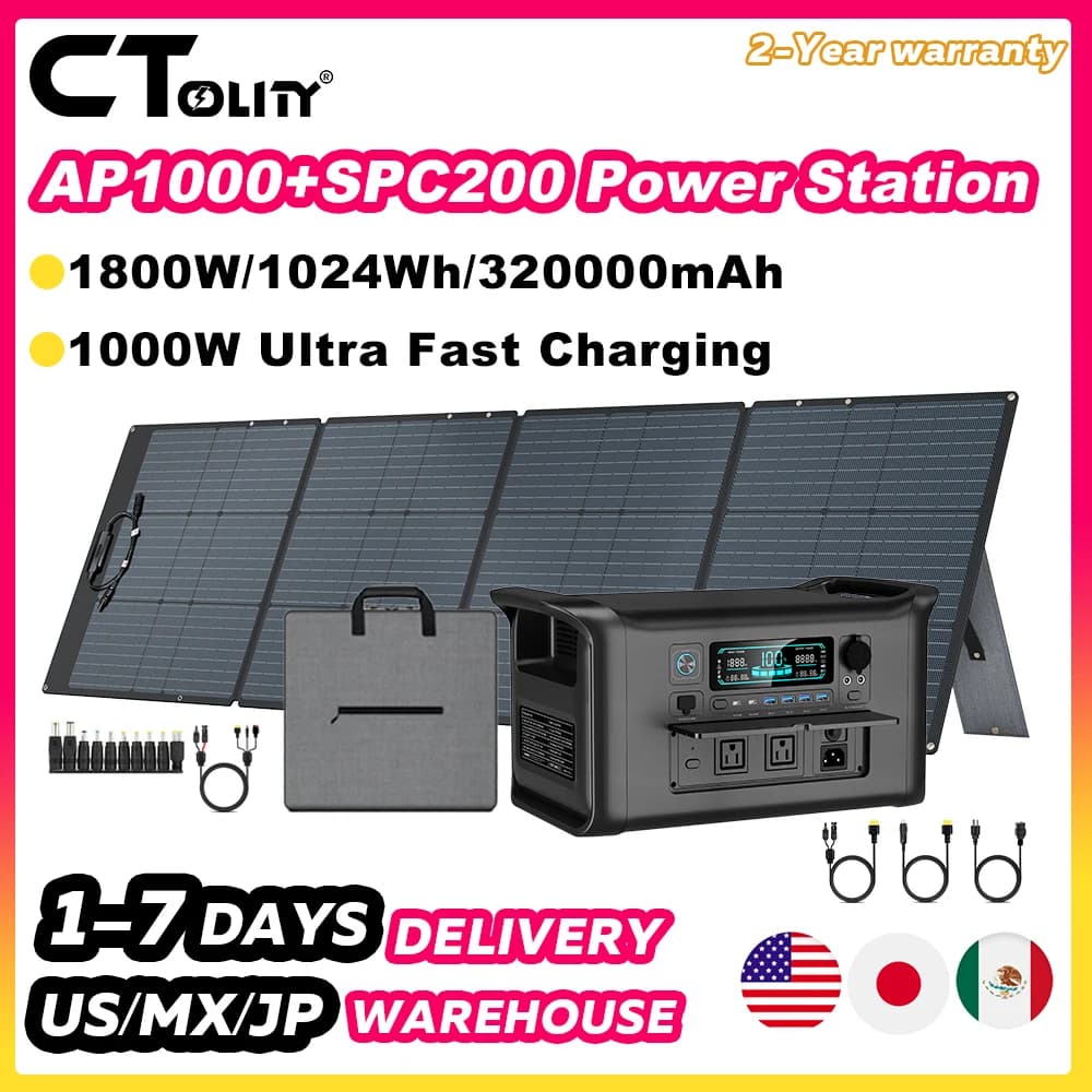 CTOLITY 1800W Portable Power Station 200W ETFE Solar Panel, 1024Wh Pure Sine Wave Solar Generator Kit for Outdoor Camping Emergency Use Home Backup Power 320000mAh LiFePO4 Battery